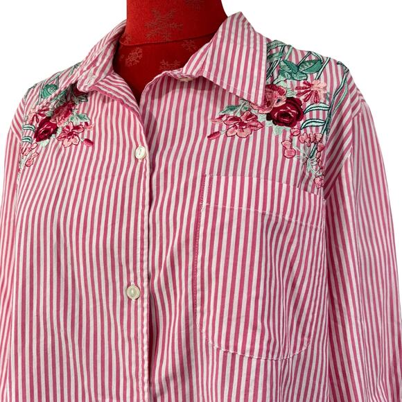 Pink & white striped casual top blouse shirt floral roses embroidery Blair XL - Picture 9 of 9
